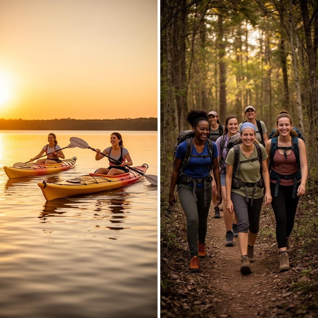 Women kayaking on the lake and hiking together outdoors